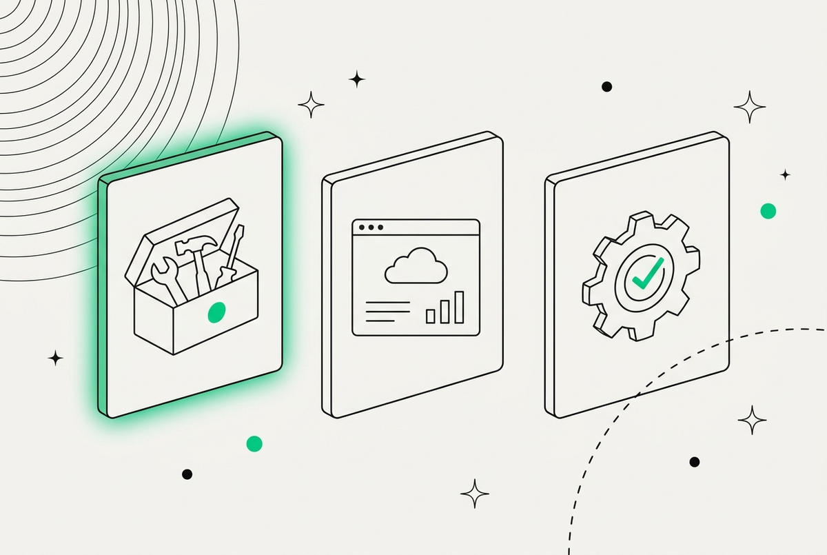 Three generative engine optimization service options for a Shopify store shown as line-art cards — a DIY kit (highlighted), a subscription tool, and a done-for-you implementation with a gear and green checkmark