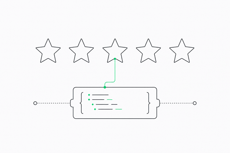 Shopify search listing shown without review stars next to a competitor listing with stars, with the missing aggregateRating field highlighted in the product schema