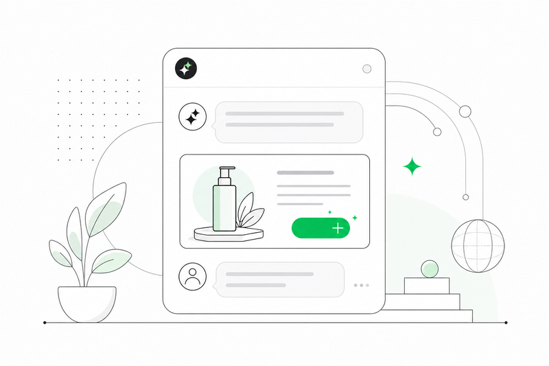 Shopify product card appearing inside a ChatGPT Shopping carousel, with structured data fields — GTIN, price, availability — highlighted alongside it