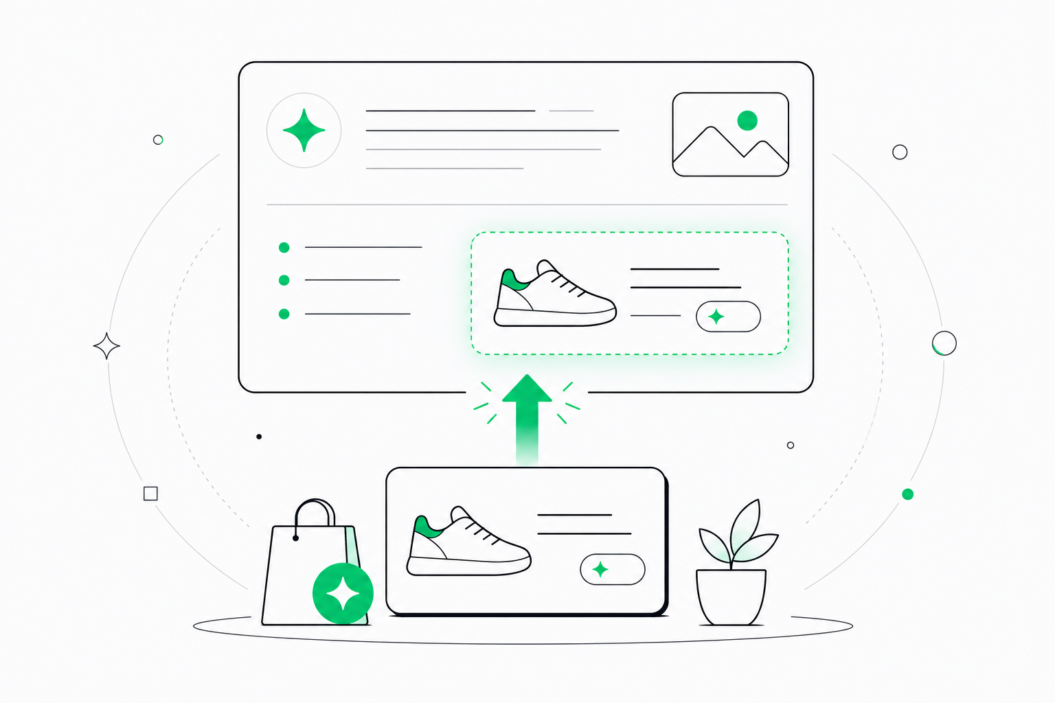 Diagnostic diagram of why Shopify products fail to appear in Google AI Overviews: broken Product schema, missing GTINs, and unapproved Merchant Center feed