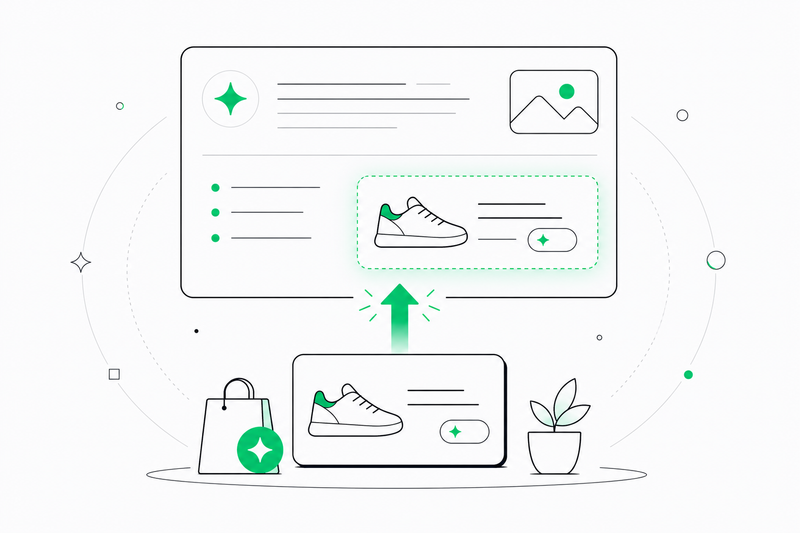 Diagnostic diagram of why Shopify products fail to appear in Google AI Overviews: broken Product schema, missing GTINs, and unapproved Merchant Center feed