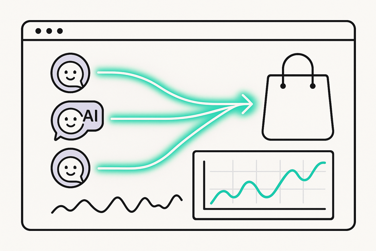 An analytics dashboard tracing referral traffic from AI chat assistants into a store, alongside server-log crawler visits — tracking AI referral traffic on Shopify